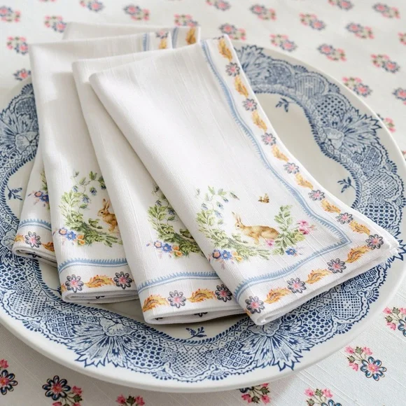 Pottery Barn Botanical Bunny 🐰 Cotton Napkins Set Of 4 BNWT - Picture 3 of 7